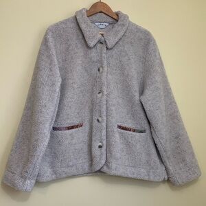 Orvis | Gray Cream Button Down Pocket Embroidered Trim Sherpa Teddy Jacket XL
